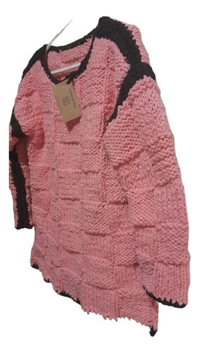 Sweater Dama Tejido A Mano A Cuadros Rosa Y Negro (tlc80)