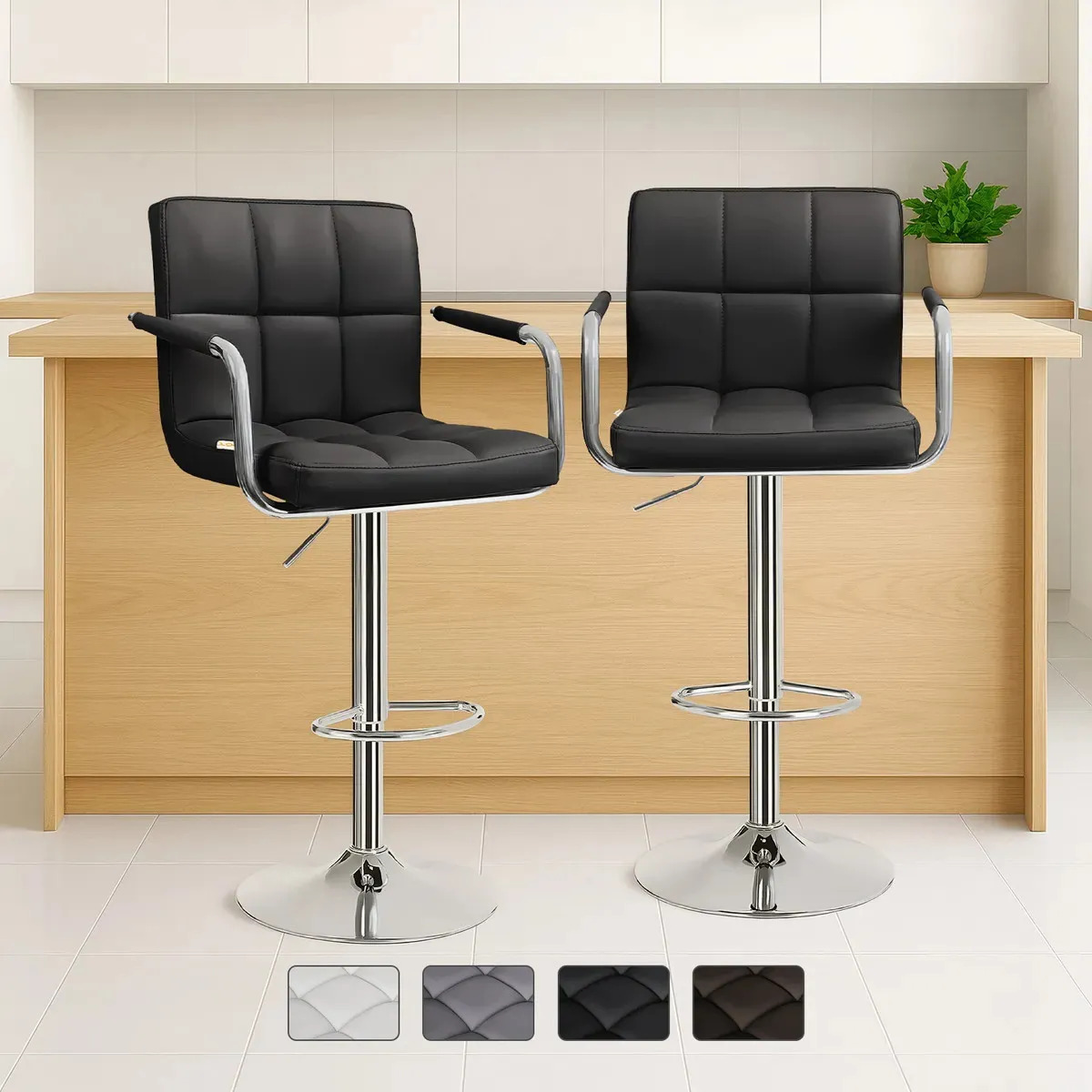 Set 2 Bancos Altos Blick Barra Giratorios Altura Ajustable Respaldo Apoyabrazos 360° Acero Ws98106 Negro
