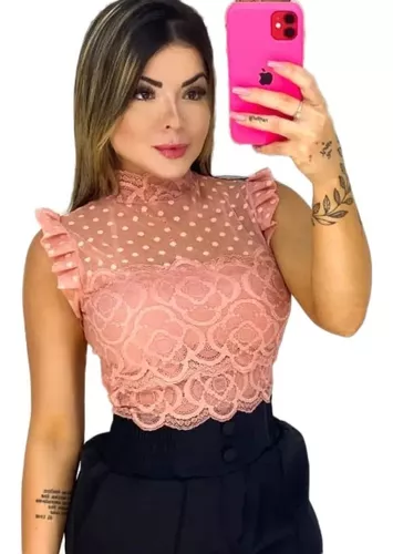 Cropped Mini Blusa Blusinha Feminina Renda Tule Linda