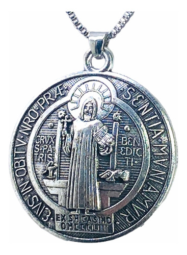 Collar Gran Medallon San Benito 3d Cruz Trasera Medalla