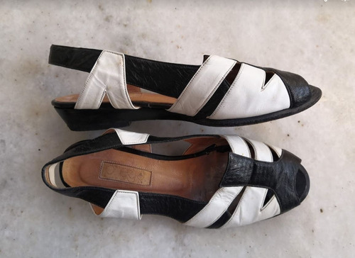 Sandalias Prego De Cuero, Blanco Y Negro, Nro 35, Taco 3 Cm