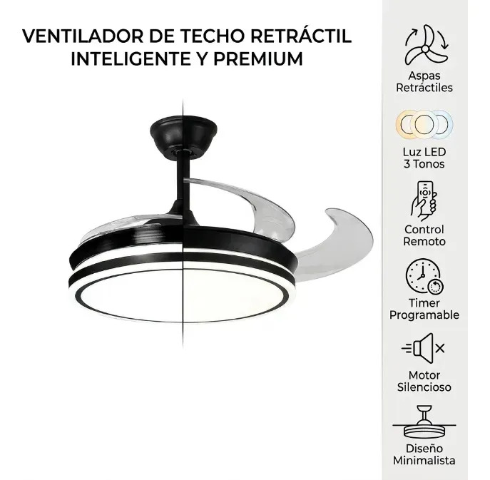 Ventilador de Techo PHP PHP-2205 Retractil Negro con Luz y Control Remoto
