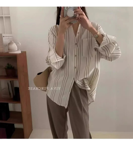 Camisa De Manga Larga Con Botones A Rayas - Top De Primavera
