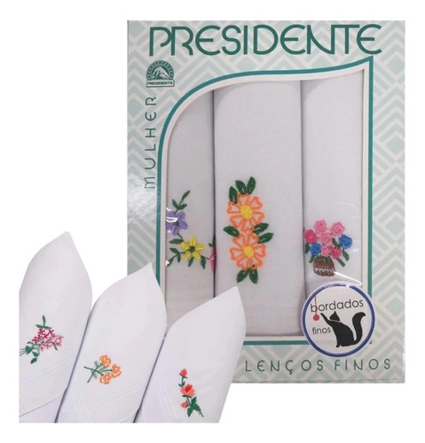 Lenço Presidente Feminino Bordado 3 Caixas - Cor Sortidos Cor Branco Desenho Do Tecido Liso