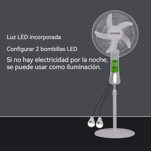 Ventilador De Piso Solar Recargable De Batería Silencioso 16 Pulgadas Con Luz Led Y Control Remoto,9 Velocidades Ajustables, 180° Giratorio
