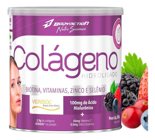 Colágeno Hidrolisado Ct-1 Acido Hialurônico 200g BodyAction Sabor Frutas Vermelhas