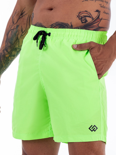 Short Praia Tactel Verde Neon Slim Basico Masculino Premium