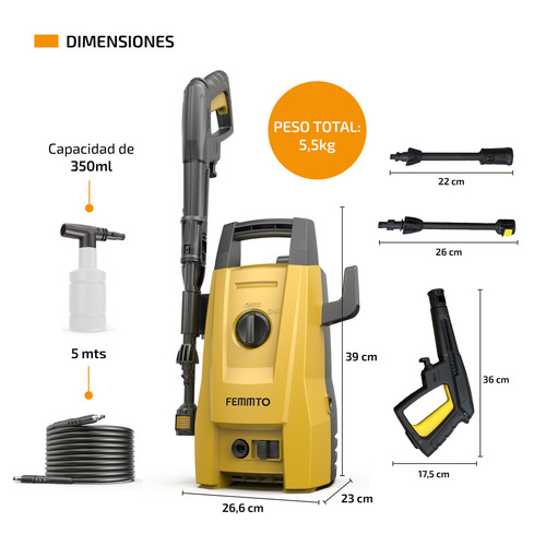Imagen 3 de 8 de Hidrolavadora Electrica Femmto Hlt203 1400w Alta presion 1600 Psi
