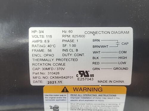 Captiveair 310426 / Ck56hs42f01, 3/4 Hp, 115 V, 2 Speed Ccd