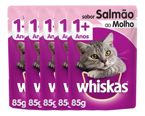 5 Saches Whiskas Ração Sabor Salmao Para Gatos Adultos 85g