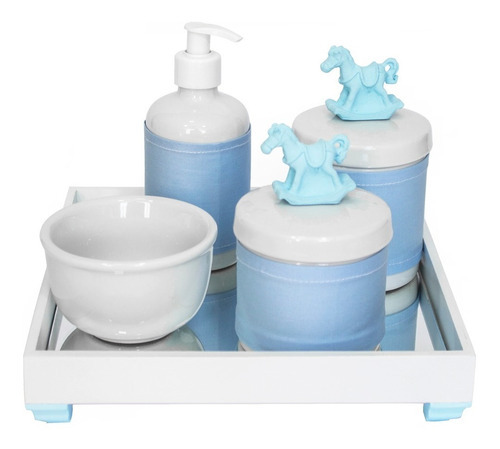 Kit Higiene Pote Porcelana Molhadeira Nuvem Azul Bebê Menino Cor Cavalinho