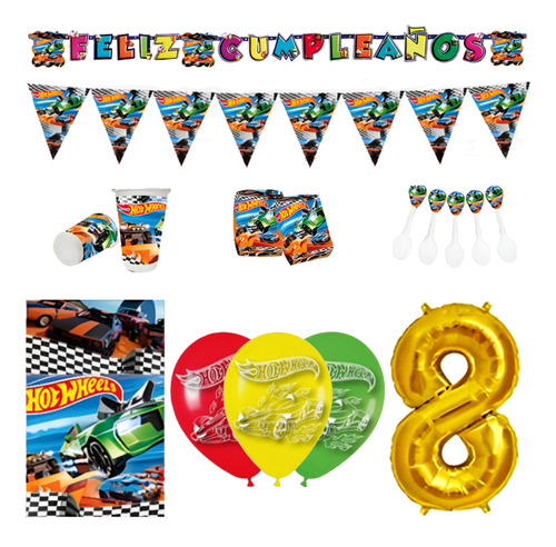 Kit Infantil Decoración Fiesta - Hot Wheels X12 Invitados