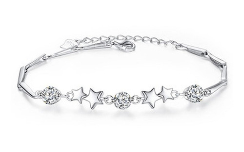 Pulsera Plata 925 Ajustable Estrellas Circon Baño Oro Blanco