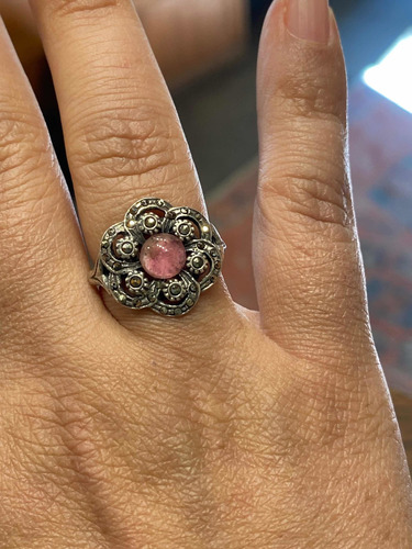 Luli Anillo Plata 925 Antiguo Marquesitas Cuarzo Rosa Flor