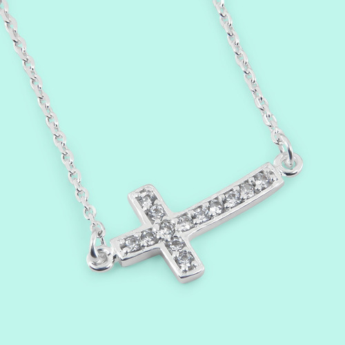 Cadena De Plata 925 Con Dije De Cruz Collar Mujer Brillante Color Plateado