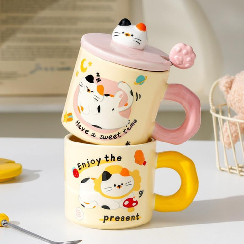 Set De Taza Cerámica C/cucharita Y Tapa Eat Cats Gatito Cute Rosa Have A Sweet