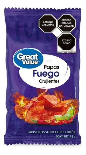 Botana 10 Pzas Papas Fritas Great Value Fuego Crujientes 45