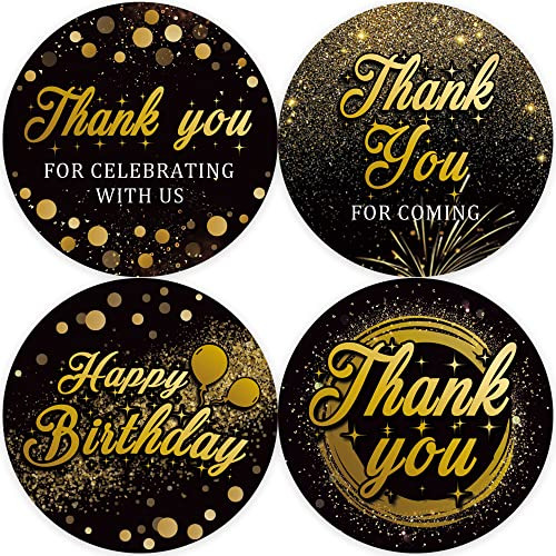80 Black Gold Birthday Thank You Stickers, Big Mileston...