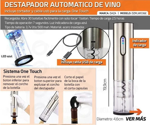 Imagen 2 de 6 de Sacacorchos Automatico Vino Destapador Vinos Electrico