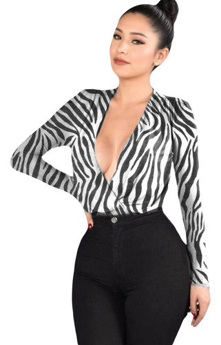 Body Animal Print Manga Larga Escote V Blusa De Moda Juvenil