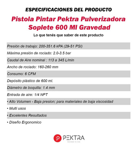 Imagen 5 de 8 de Pistola Pintar Pektra Pulverizadora Soplete 600 Ml Gravedad