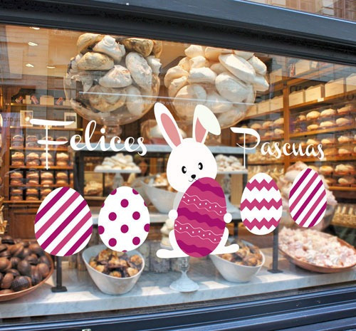 Imagen 3 de 9 de Vinilos Vidriera Felices Pascuas Conejos Huevos