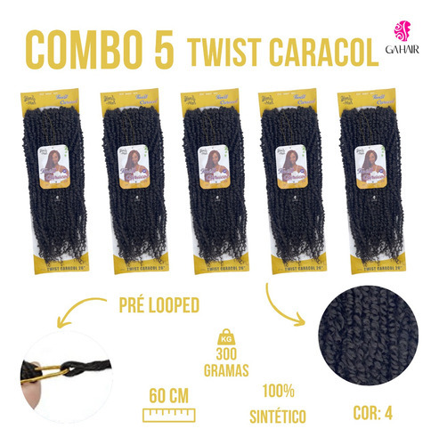 Combo 5 Cabelos Twist Praia Caracol P/crochet 60cm Atacado Cor Castanho Medio /Claro Cor 4