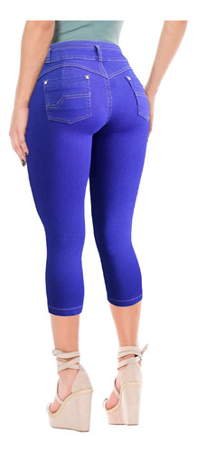 Jean Capri Mezclilla Dama Con Bolsas, Doble Botón En Pretina