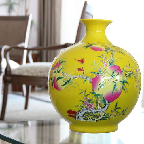 Imagem 6 de 7 de Vaso Chinês Floral Com Escritas Amarelo Gargalo Curto Bu198
