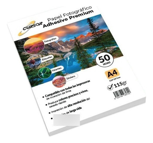 Papel Fotográfico Adhesivo  Premium A4 115gr Pack 50 Cursor