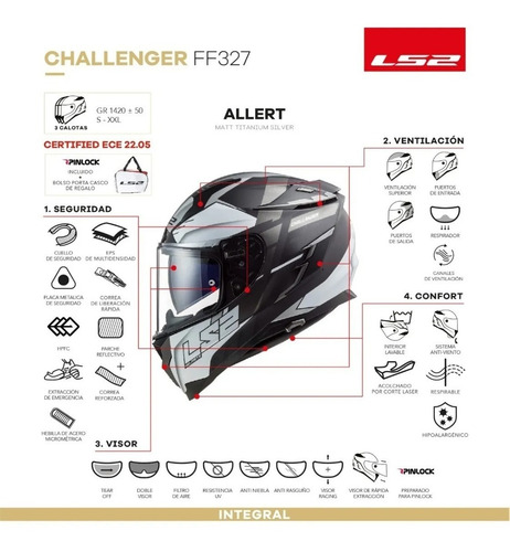 Imagen 5 de 10 de Casco Moto Integral Ls2 327 Allert Incluye Pinlock