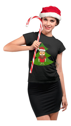 Playera Negra Unisex De Arbol Y Gorro Navideño Oferta