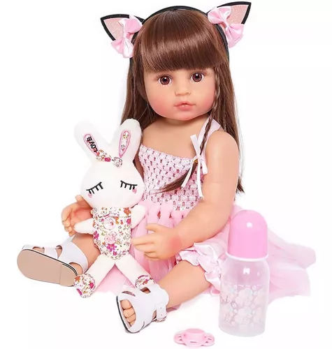 Boneca Bebê reborn menina 100% silicone pode dar banho criança