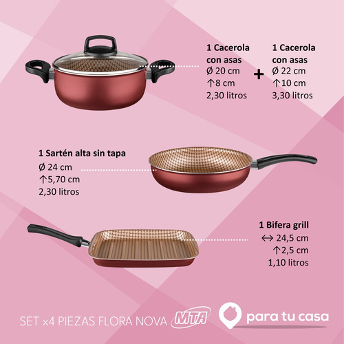 Juego De Cacerola Batería Cocina 4 Pzas Teflón Flora Mta