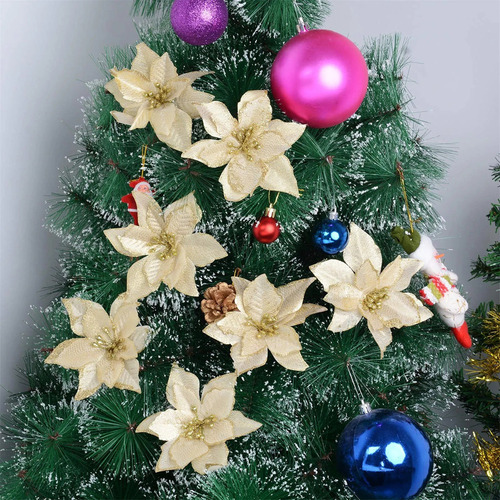 24 Uds. Flores Artificiales De Navidad Con Purpurina