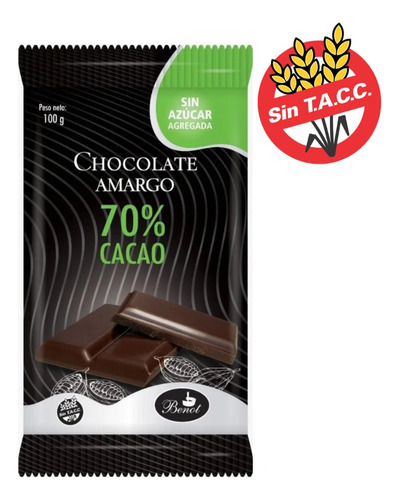 Chocolate Amargo 100% Vegetal 70% Cacao Sin Tacc X100g Benot
