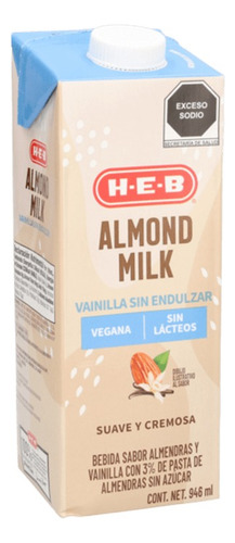 6pz Leche Almendra Vainilla Sin Endulzar Vegana Heb 946ml