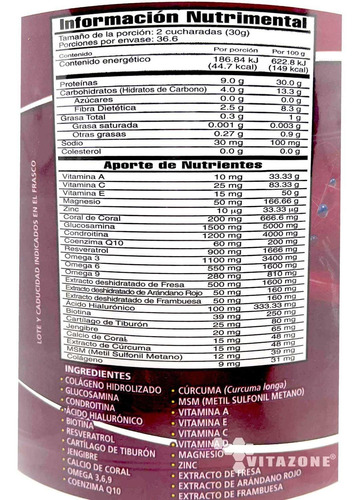 Imagen 2 de 6 de Colágeno Hidrolizado Glucosamina Biotina Frutos Rojos 1.1 Kg