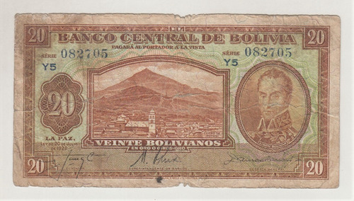 Billete Bolivia 20 Bolivianos Ley 1928 Serie Y5 (1948) (c85)