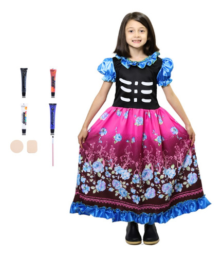 Disfraz Vestido De Catrina Mexicana Con Maquillaje Para Niña Infantil