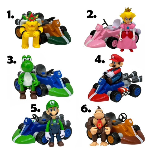 Coleccion 6 Carrito Con Figuras Mario Kart Mario Bros Luigi 