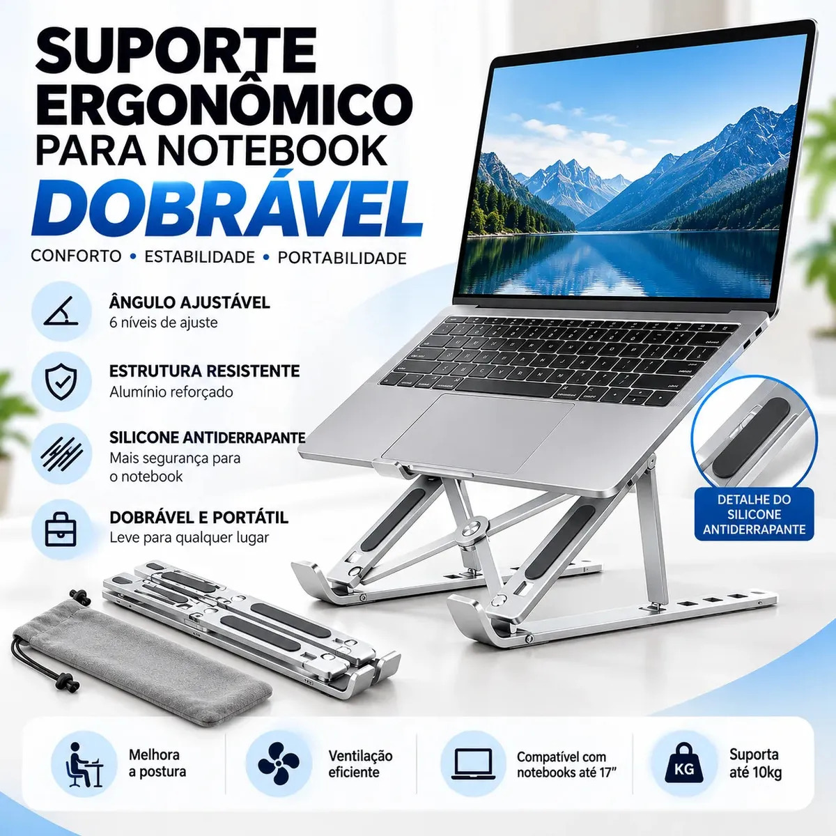 Suporte Para Notebook e Macbook de Alumínio Dobrável Prateado