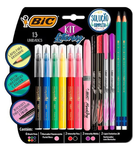 Kit Bic Lettering Intensity Punta Fina Pincel X 13 Piezas 