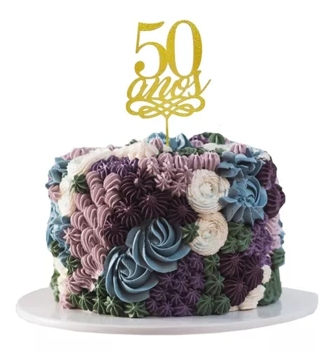 Topo de bolo de 50 anos com glitter de prata para feliz aniversário, 50 anos,  topo de bolo de aniversário de 50 anos, decoração de festa de aniversário  de 50 anos