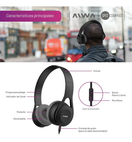 Imagen 7 de 10 de Auriculares Aiwa Vincha Plegable Ava-102b Manos Libres