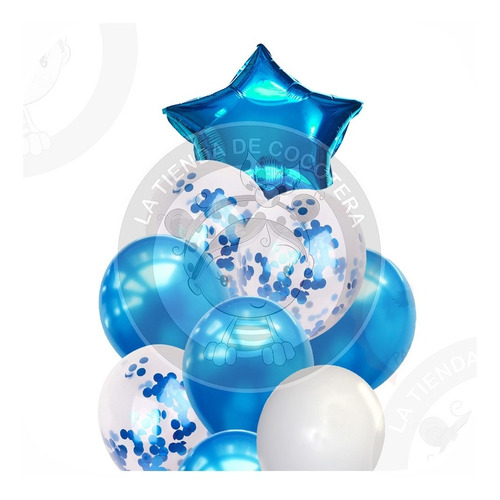  Set 9 Globos Latex Perlado Azul Blanco Confett Transp Metal