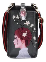 Comprar Cartera Bandolera Celular Mujer Diseño Artístico Con Correa Verde Oscuro Liso Con Mujer Níquel Negro