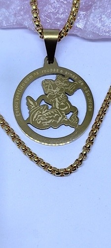 Imagen 2 de 5 de Medalla San Jorge Acero Dorado Con Cadena
