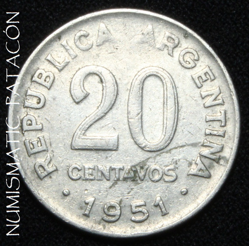 Moneda Argentina 20 Centavos 1951 Canto Fino - Cj 229.2 - Vf