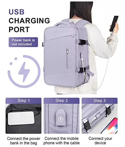 Mochila de viaje, mochila de mano, impermeable, expandible de 40 litros,  aprobada por vuelo, mochila para laptop de 17 pulgadas con puerto USB